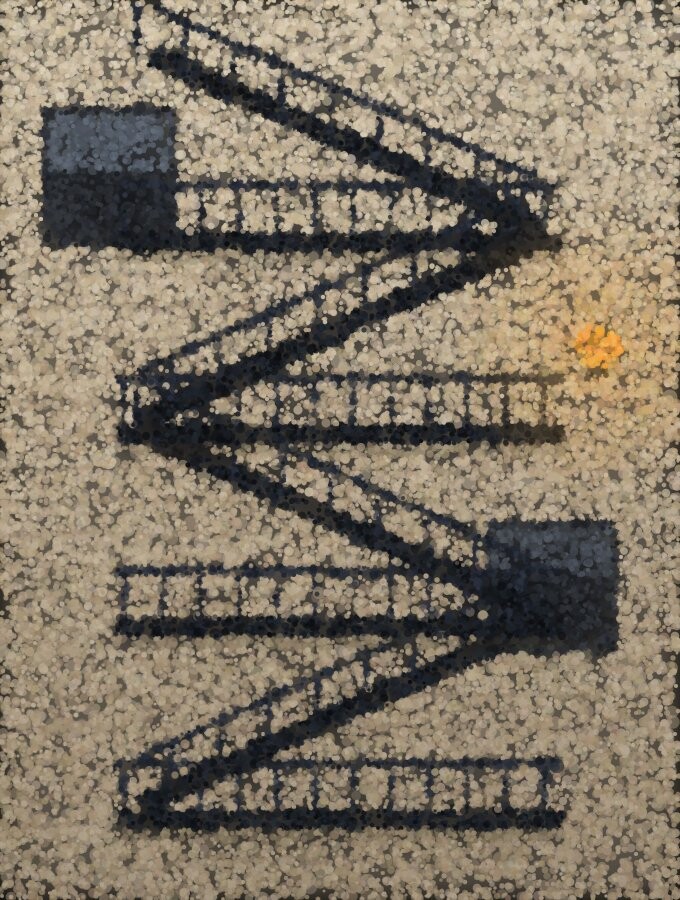 A pointillist external fire escape: black steel flights zigzagging up a pale brick wall, with a single amber lamp at one landing.