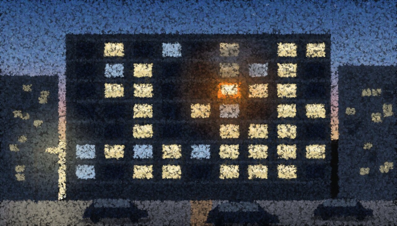 A pointillist apartment block just after dusk: most windows are lit an ordinary yellow, one burns orange with smoke rising above it, and parked cars sit in silhouette on the wet street below.