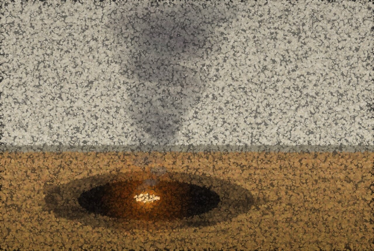A pointillist floor corner with a large black scorch mark, a small glowing ember still at its centre, and a thin plume of smoke rising again.