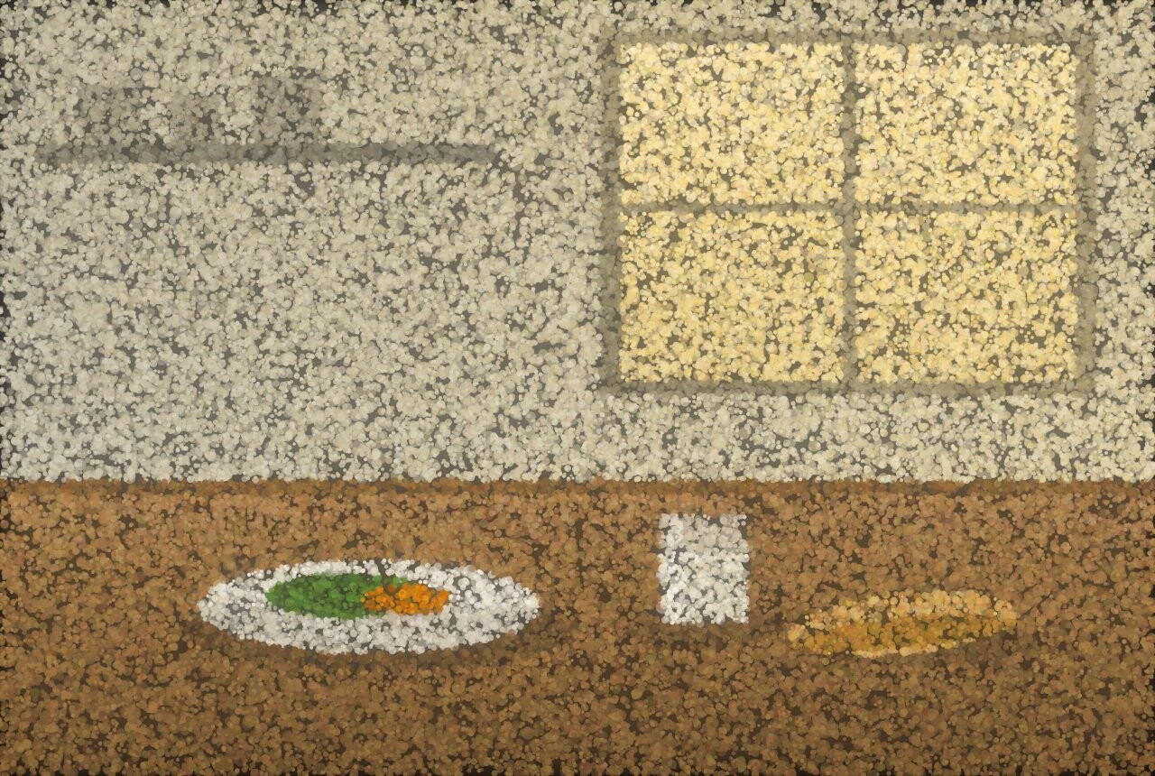 A pointillist kitchen table in morning light from a window: a plain bowl of greens, a glass of water and a piece of bread.