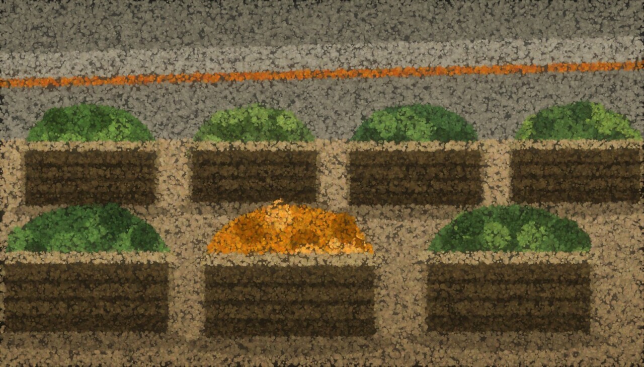 A pointillist market stall seen close up: seven wooden crates under an awning, each heaped with green produce, and one heaped with orange.