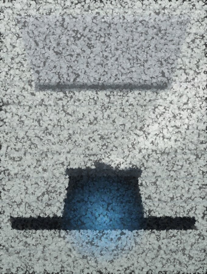 A pointillist view of a range hood above a dark pot on a hob, with the steam curling up and out to one side instead of into the hood.