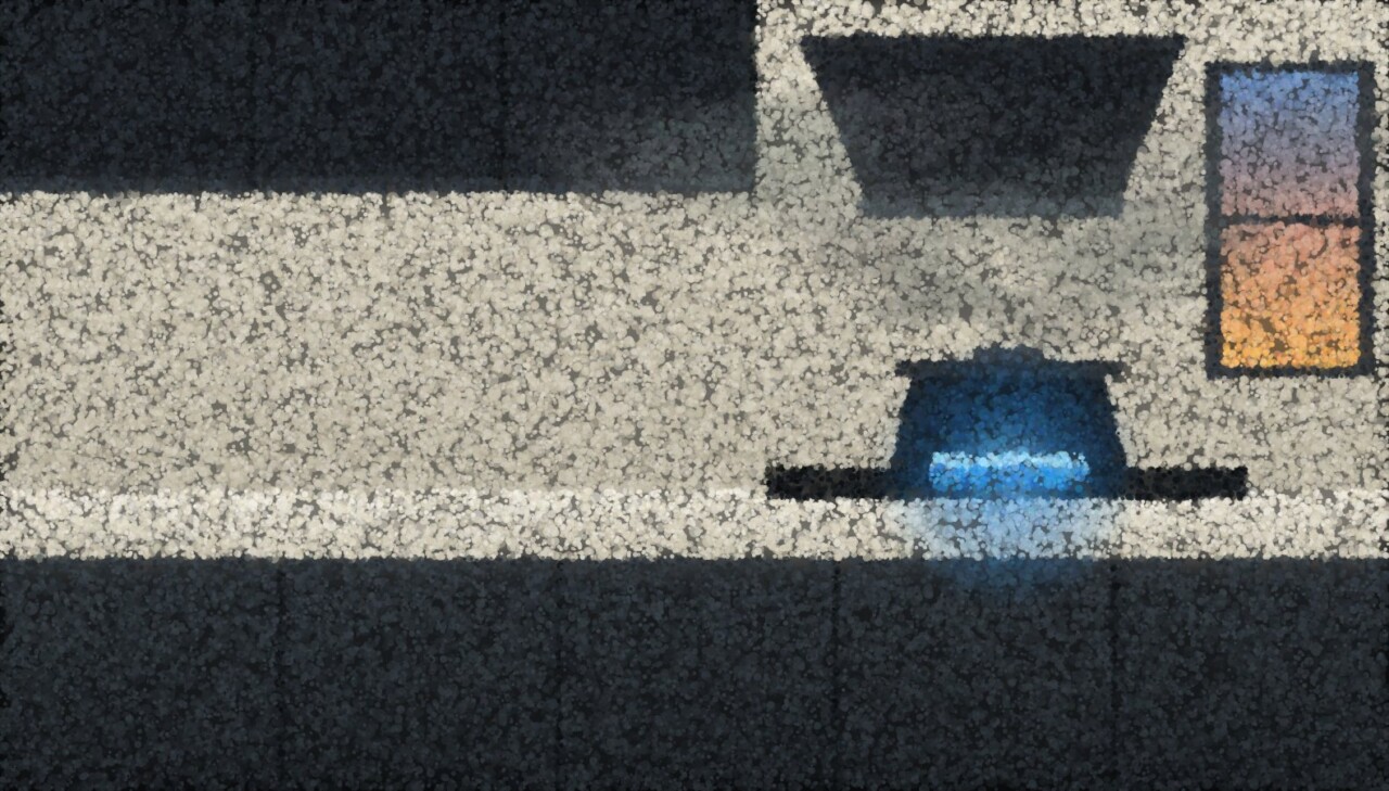 A pointillist kitchen at dusk: dark cabinets and hood against a pale wall, a dark pot over a ring of blue flame, and a warm dusk sky in the window.