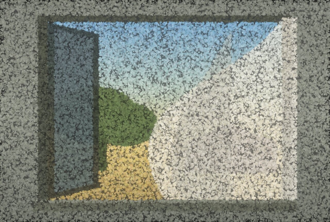 A pointillist window standing wide open onto trees and a roof, with a pale curtain billowing inward on the moving air.