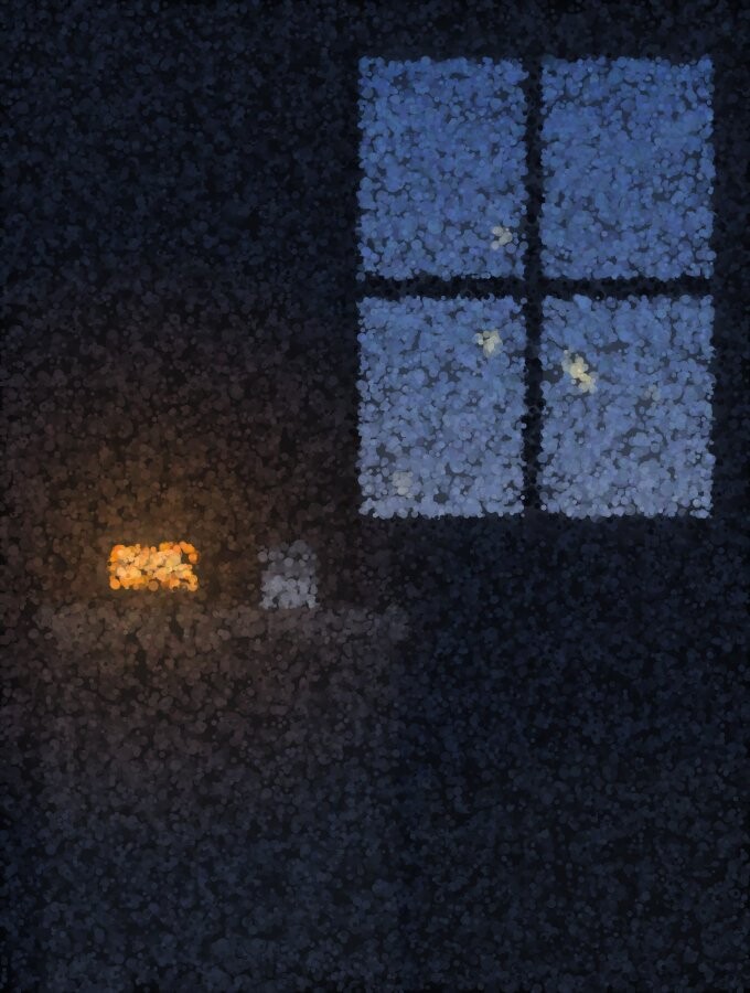A pointillist bedroom in the dark: a bright blue window, a nightstand in silhouette and a small amber clock glowing on it.