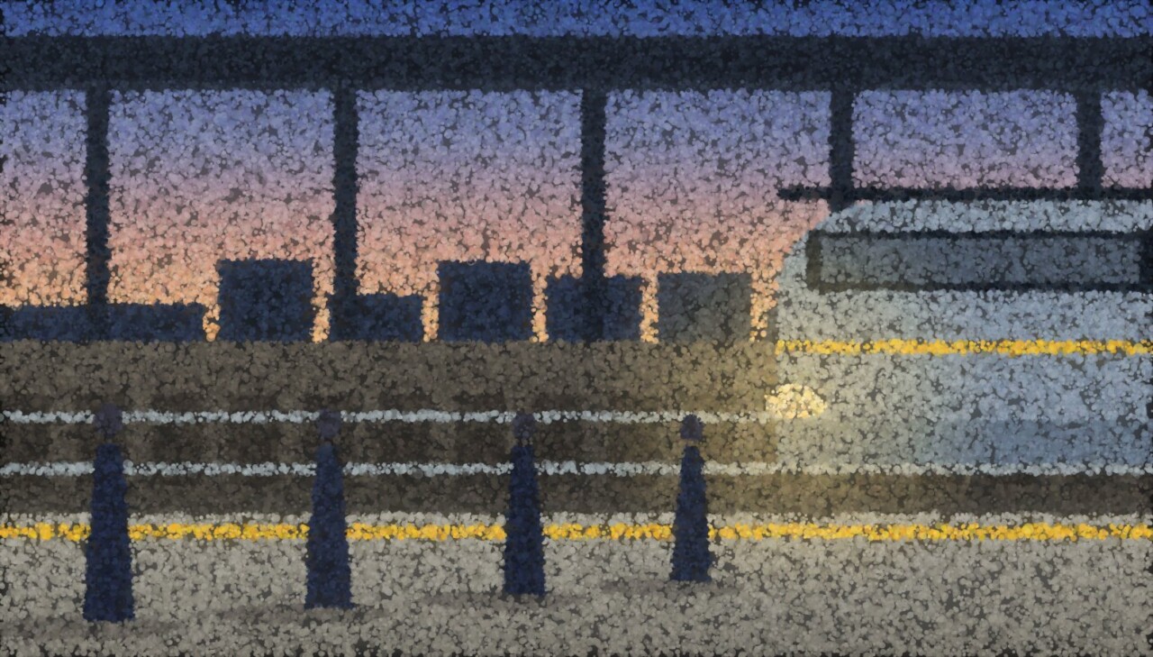 A pointillist station platform at dawn: four people waiting at spaced intervals under a canopy as a train comes in from the right with its headlight lit.