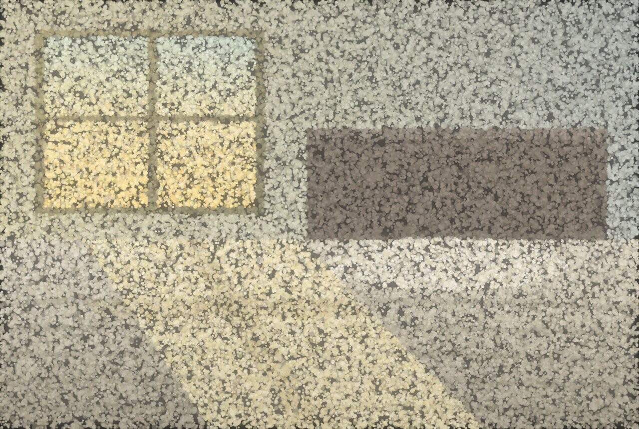 A pointillist bedroom in morning light: a bar of sunlight from the window falling across the bedding in the same place it always does.