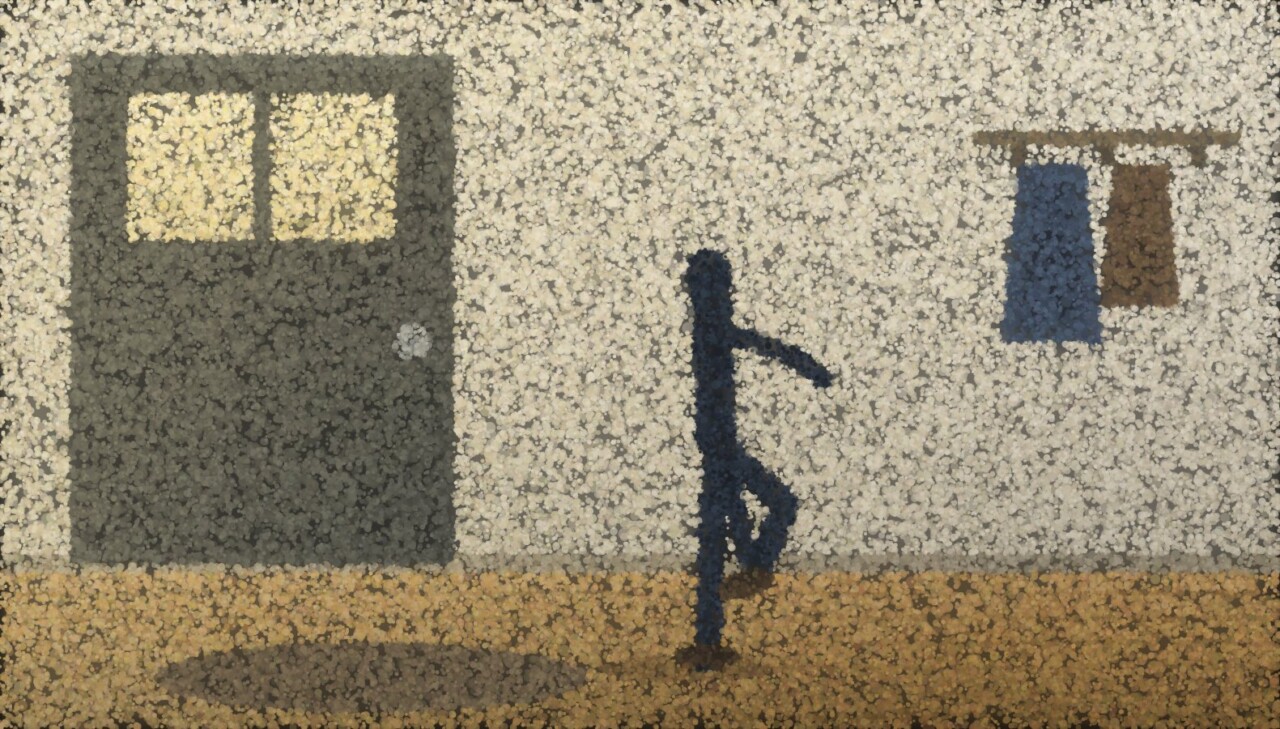A person steps down a sunlit hallway stair with one hand near the wall, weight shifting onto the forward foot.
