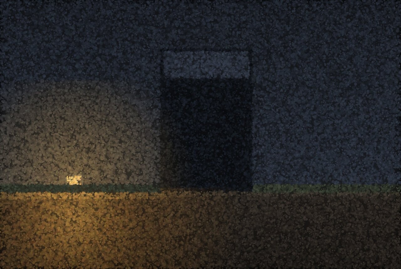 A dim hallway at night with a low night light near the floor and an open bedroom door at the end.