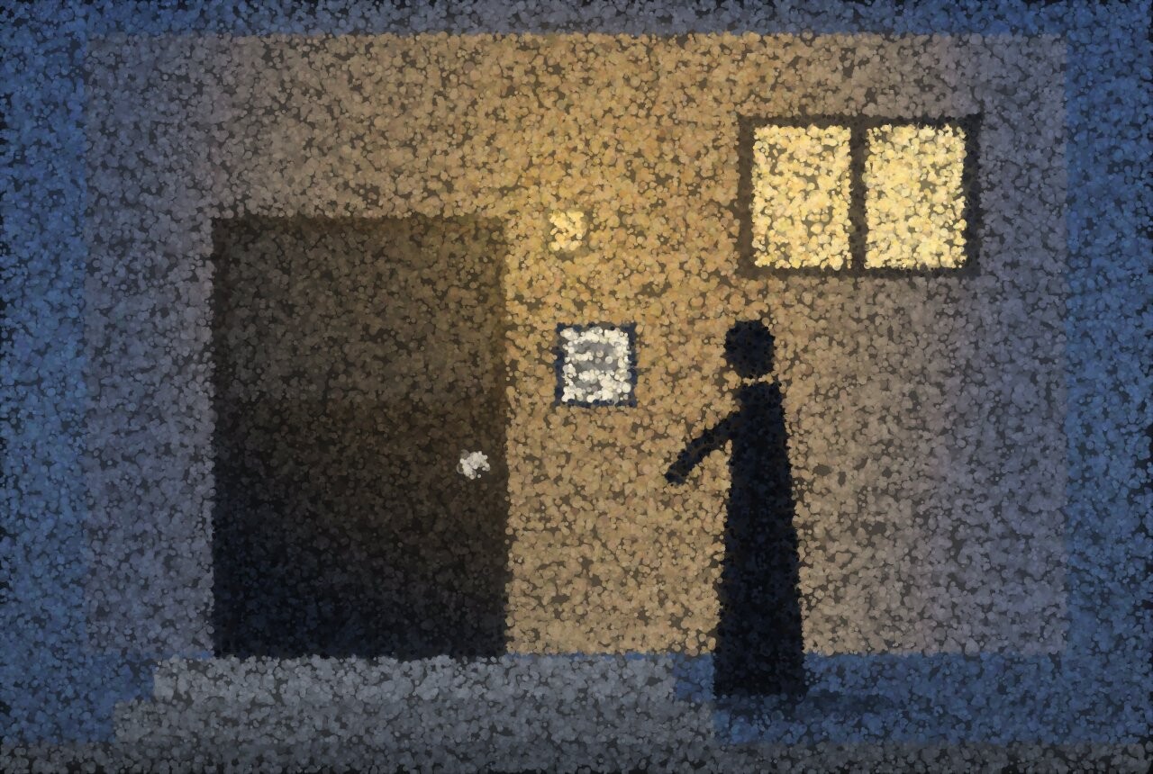 A figure at a warm-lit doorway in the early evening, checking the house number before the door opens.
