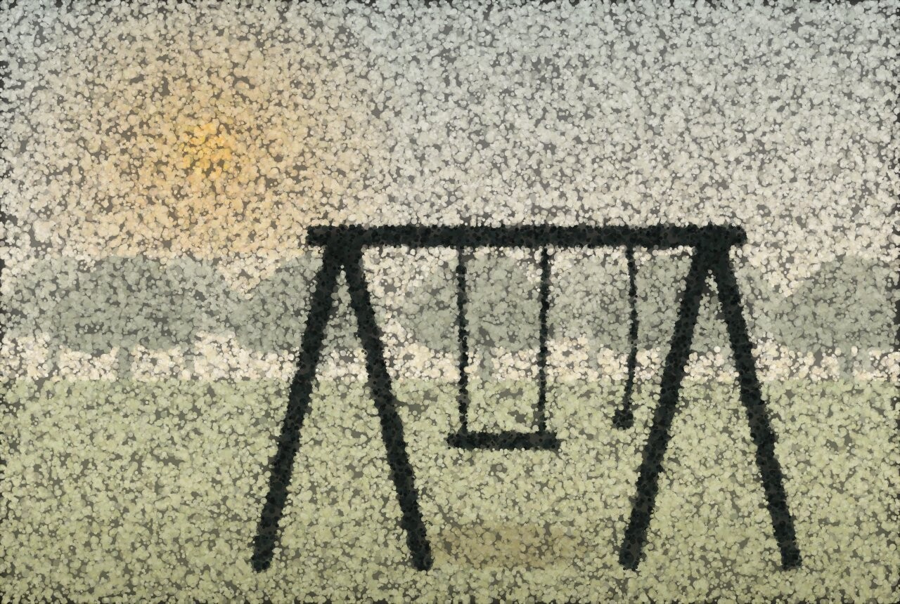 An empty swing on a playground with the far trees faded pale in haze and a dim sun behind.
