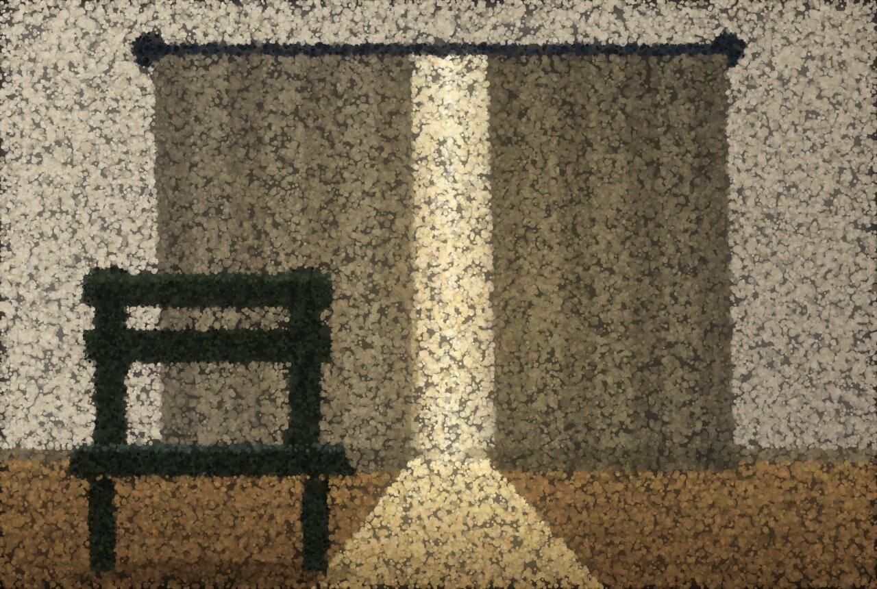 A dim room with the curtains drawn against the afternoon and one hard slit of light across the floor.