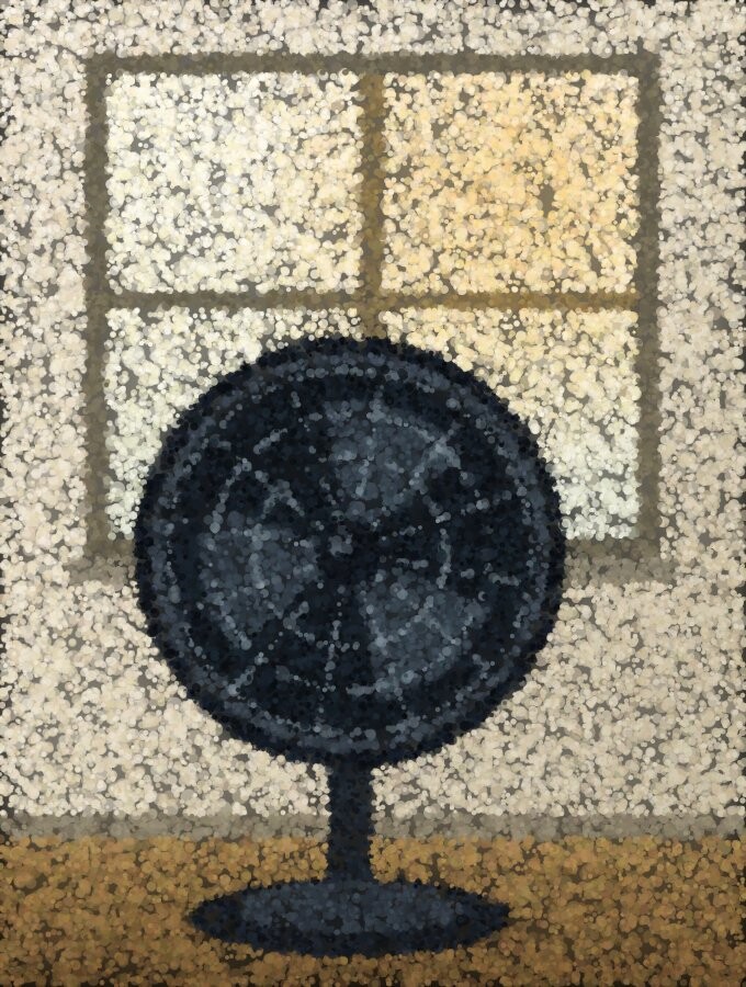 An electric floor fan standing in a bright room facing a closed window.
