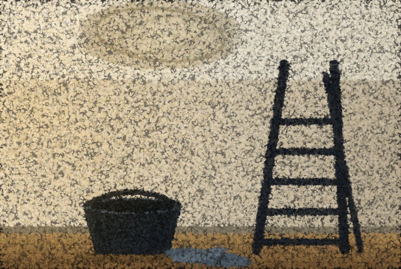 A bucket and cloth on the floor beneath a cleaned ring on the ceiling, with a stepladder beside them.