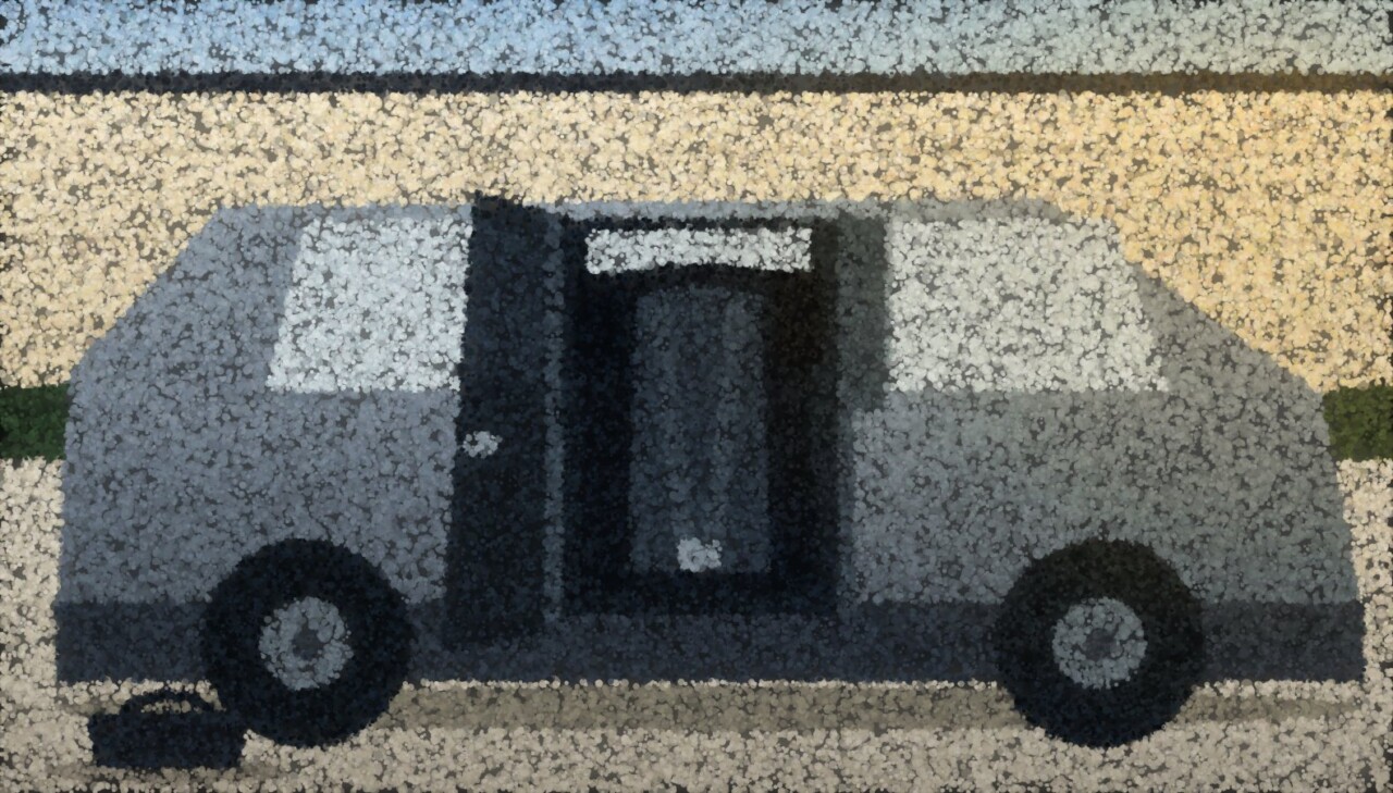 A car on a driveway in morning light with the rear door open and a child seat visible inside.