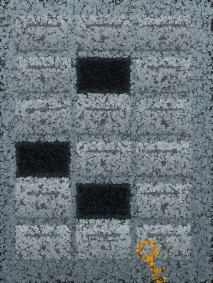 A pointillist bank of identical mailboxes with three of them hanging open, and a single key lying below.