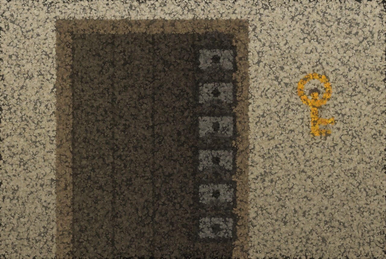 A pointillist door fitted with six heavy bolts down its edge, while a brass key hangs on a nail on the wall outside.