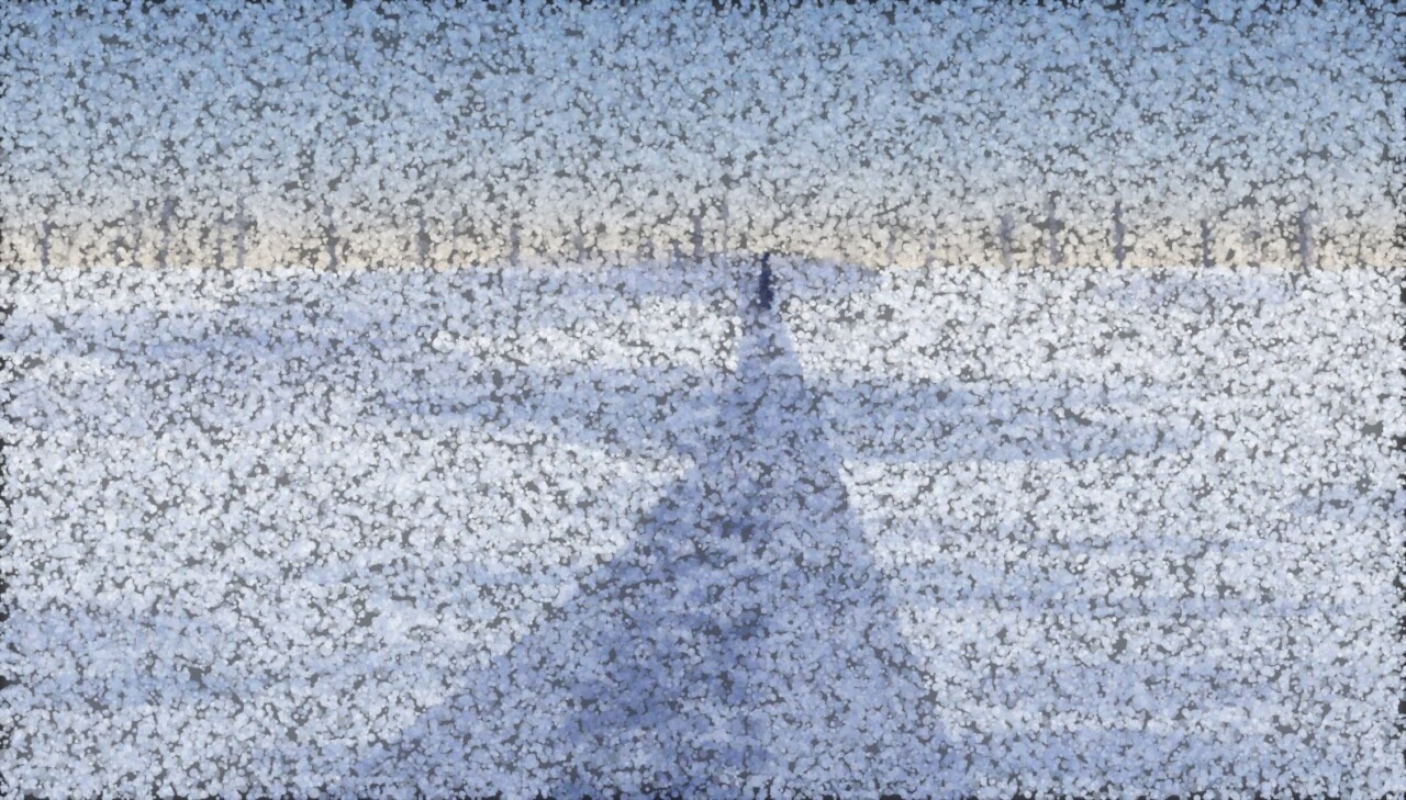 A pointillist snowfield in blue and violet: a single line of footprints leads away to one distant figure, widening into a beaten path in the foreground.