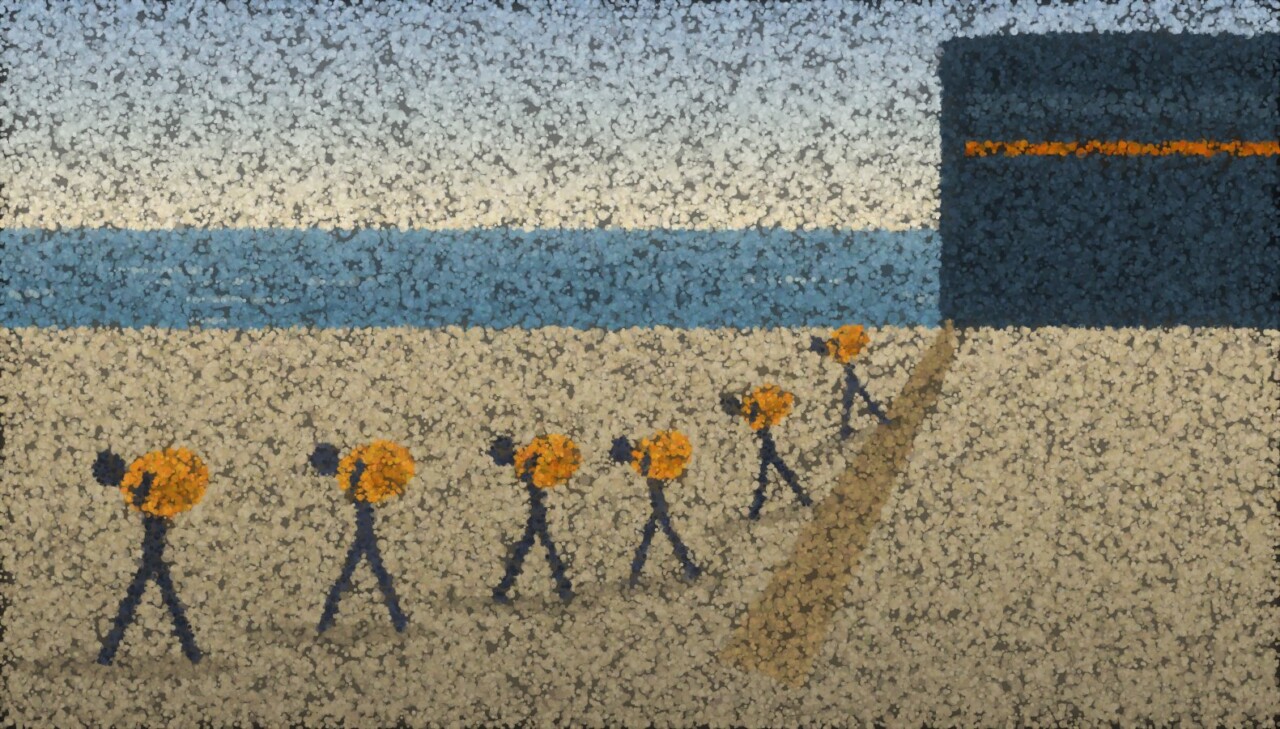 A pointillist quayside: six men in dark clothes carry ochre sacks on their bent backs along the wharf and up a plank into a ship.