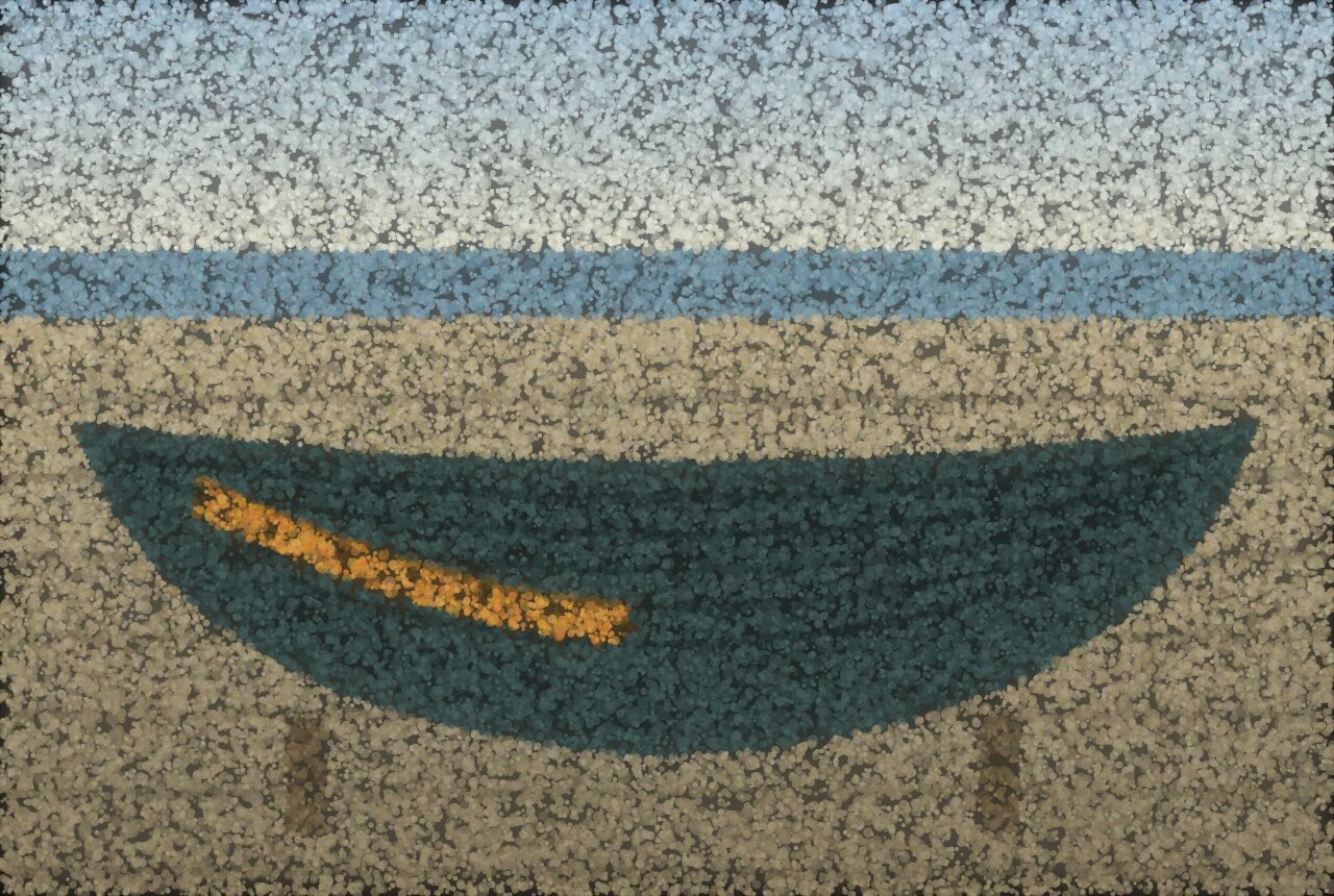 A pointillist boat hull hauled out on a slipway, with one plank in a lighter timber where an old repair was made.