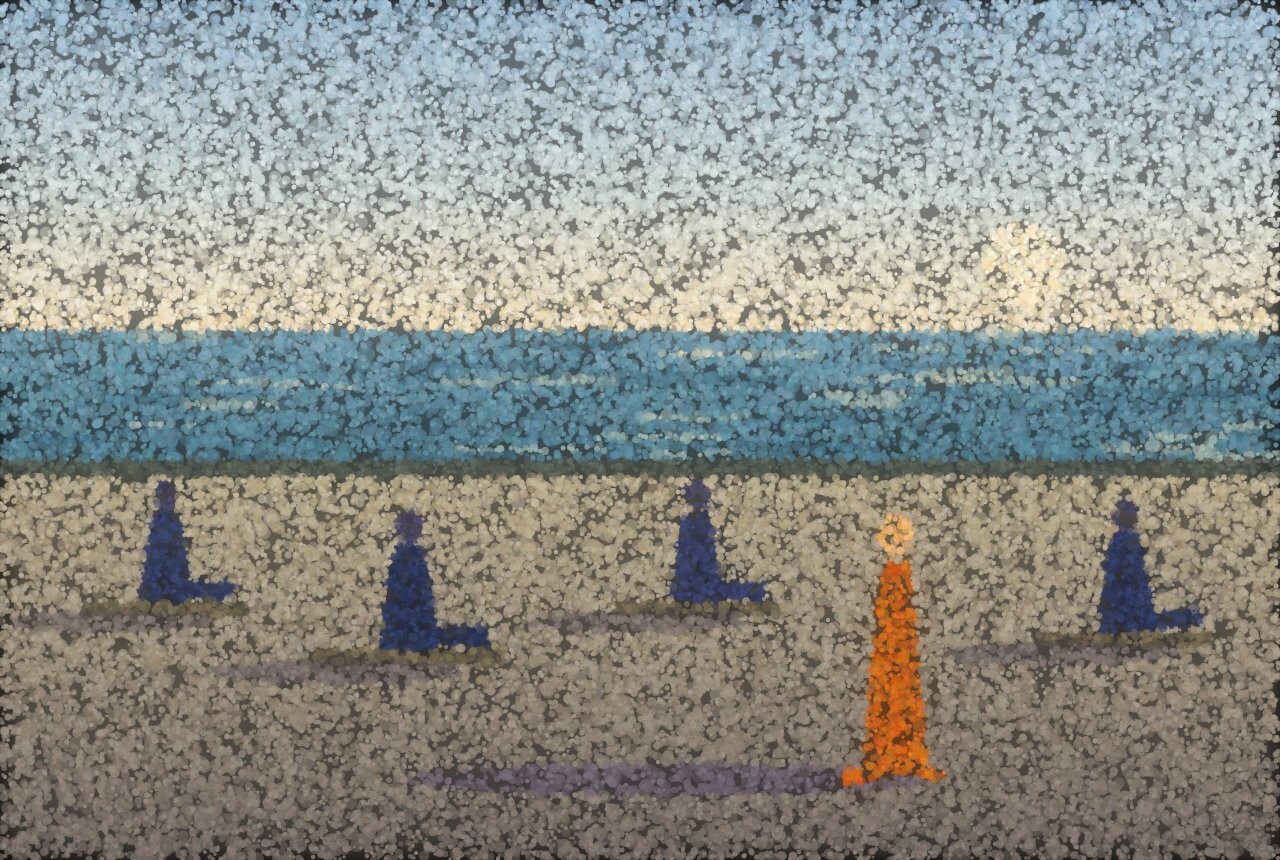 A pointillist promenade in late afternoon: four figures sit still on benches in blue shade while one, in warm orange, walks past casting a long shadow.