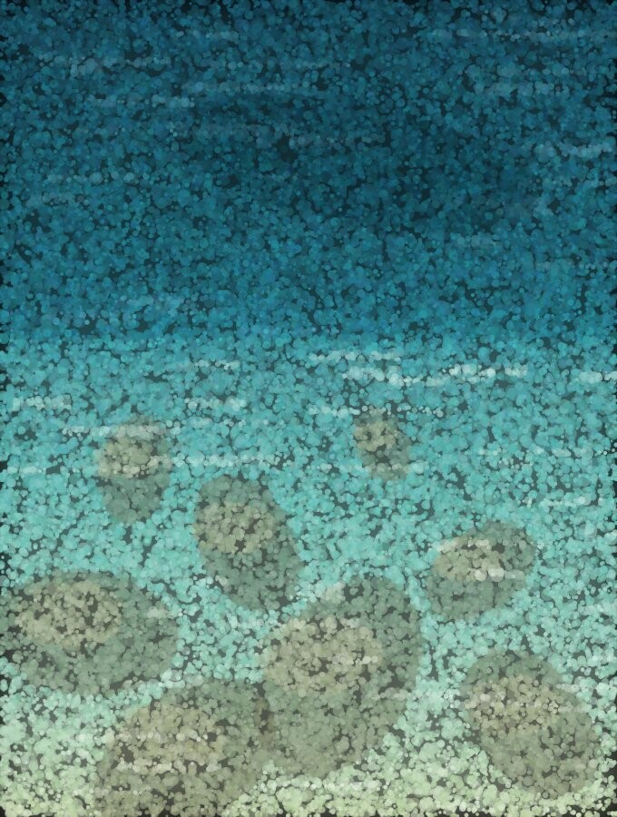 A pointillist study of water: clear shallows in the foreground where stones on the bottom are visible, giving way to opaque deep water above.