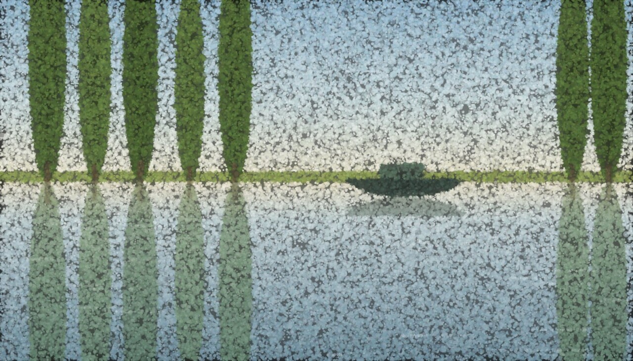 A pointillist canal at slack water: a line of poplars and a moored barge reflected exactly in glassy, unmoving water.