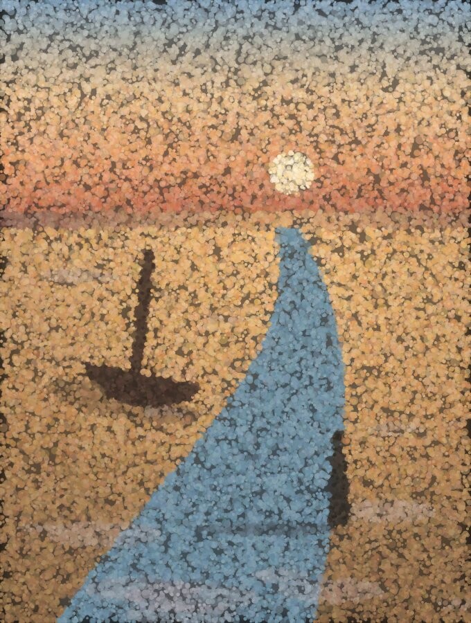 A pointillist tidal flat at low sun: the water has drained away into one wide channel, leaving a stranded boat on the wet sand and a single small figure walking out across it.