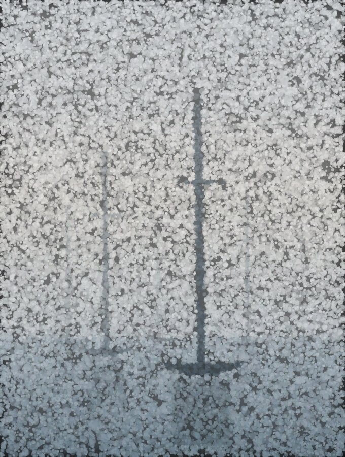 A pointillist anchorage in fog: several masts fade into the mist while one nearer boat stays sharp.