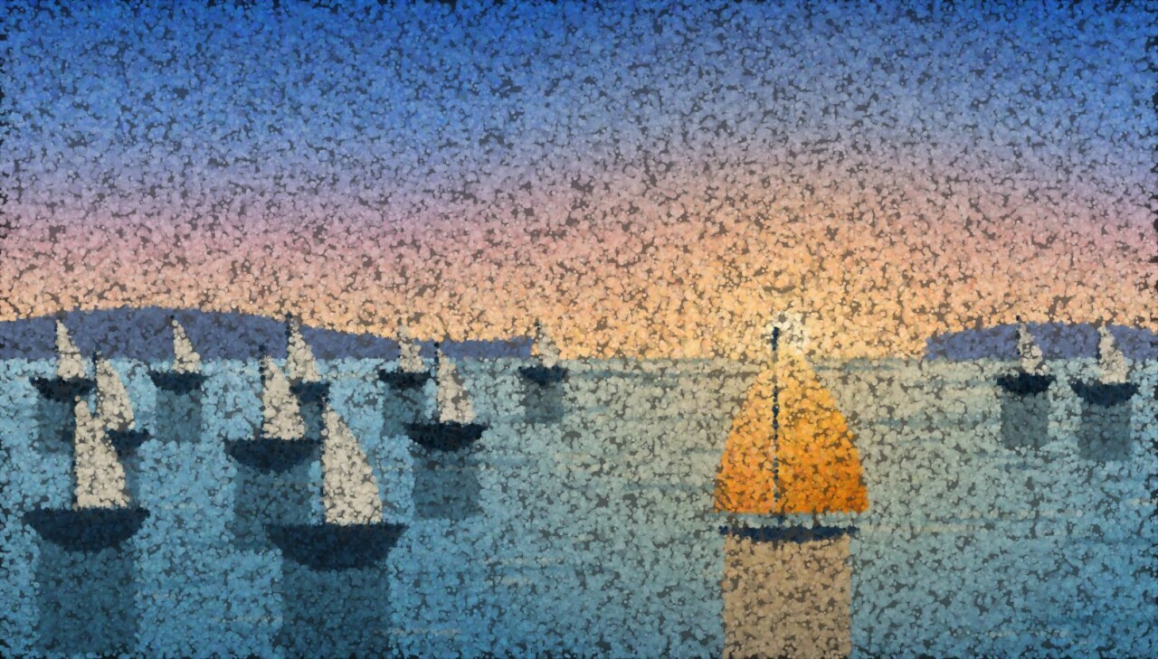 A pointillist harbour at first light: dozens of moored boats sit with their sails down while one, further out, carries a sail lit gold by the low sun.