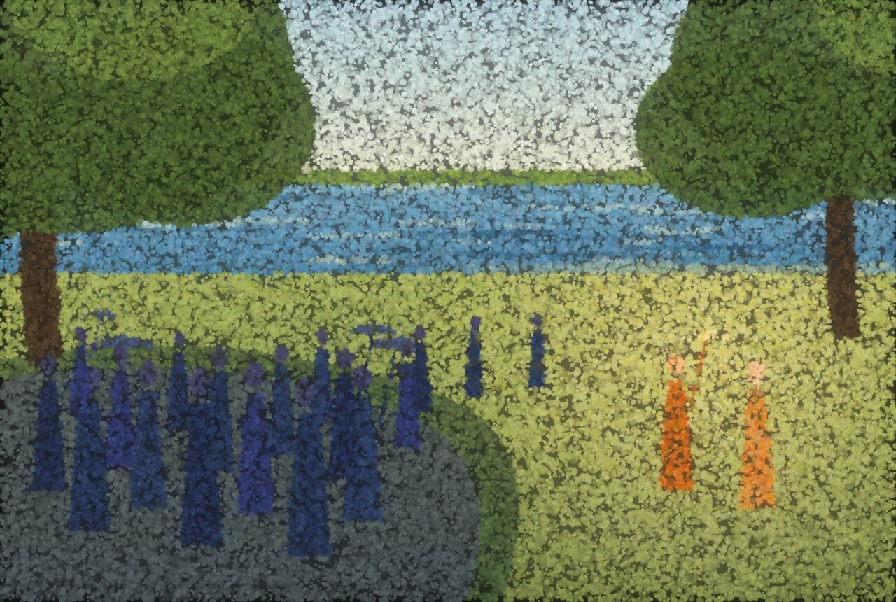A pointillist riverbank on a summer afternoon: most of the figures stand in deep blue-violet shade while two, at the edge of the trees, are caught in warm sunlight.