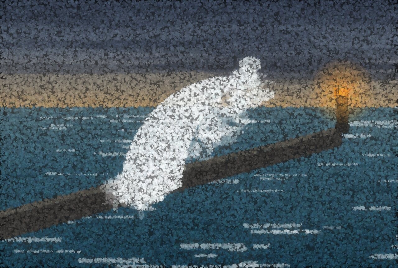 A pointillist breakwater under a heavy sky, a single wave bursting white over the wall, with a small amber beacon at the far end.