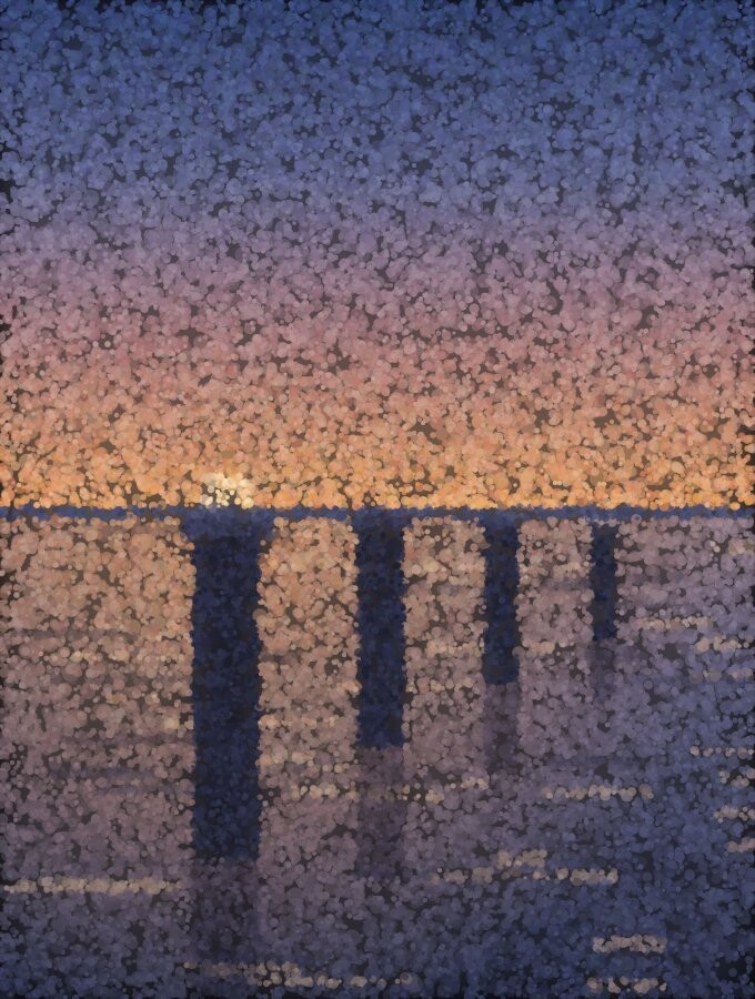 A pointillist quayside at dusk: four mooring posts standing in still water, the nearest tallest, as the last of the light goes.