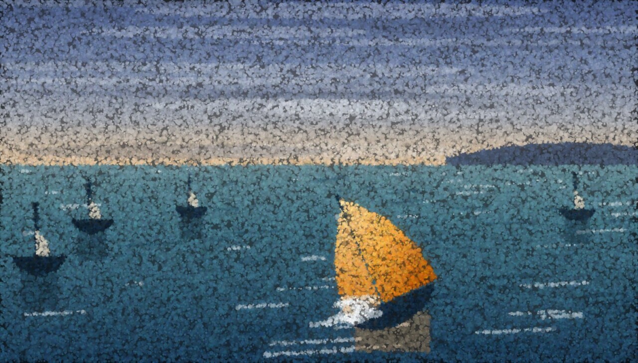 A pointillist seascape in a stiff breeze: several boats sit upright under reefed sails while one, carrying a large amber sail, heels far over with spray at the bow.