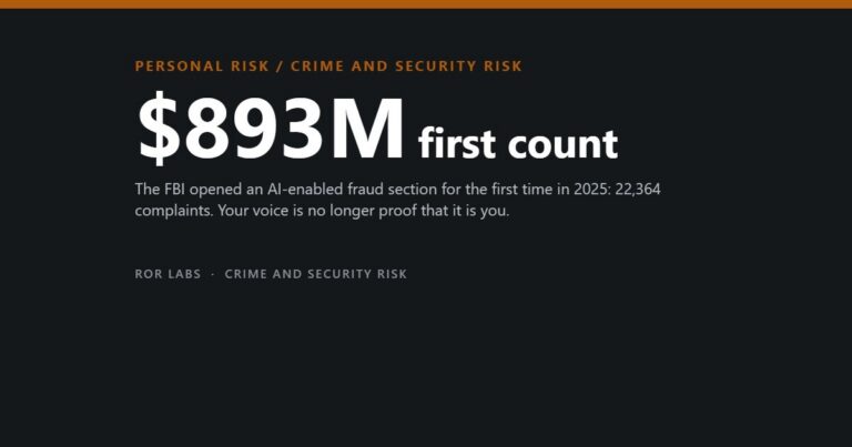 ROR Labs cover: $893M first count. The FBI opened an AI-enabled fraud section for the first time in 2025: 22,364 complaints. Your voice is no longer proof that it is you.