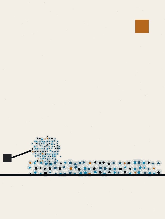 A pointillist illustration in a surreal style: a sphere of dots pushing off from the back edge of a long low slab, with a thin taut line stretched behind it to a small fixed block.