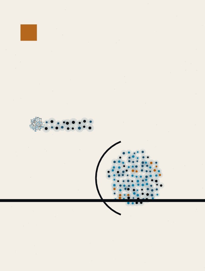 A pointillist illustration in a surreal style: a small bright sphere of dots flying toward a larger sphere that is partly shielded by a thin curved outline, above a dark horizon line.