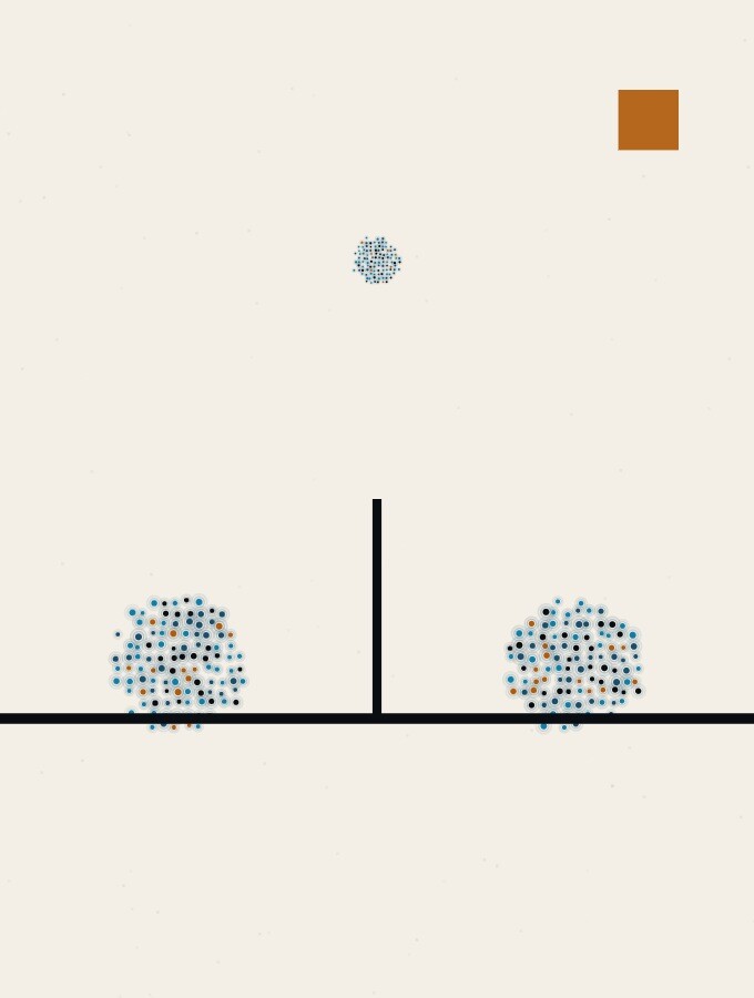 A pointillist illustration in a surreal style: two spheres of dots facing each other across a thin vertical line, one small sphere suspended high above the line between them.