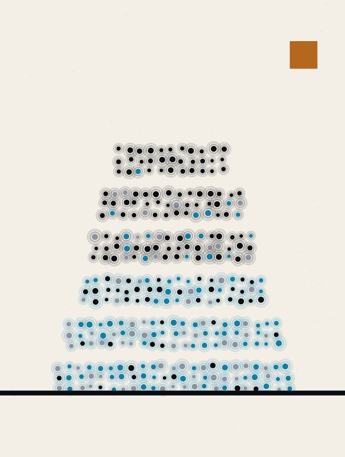 A pointillist illustration in a surreal style: a row of thin slabs of dots stacked one on top of another, each a little darker than the last, rising from a horizon line.
