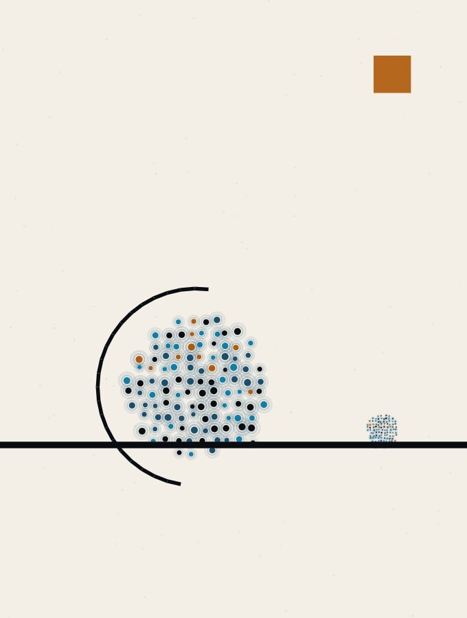 A pointillist illustration in a surreal style: a sphere of dots half enclosed by a thin curved outline, with a small fragment of dots broken off and resting on the ground beside it.