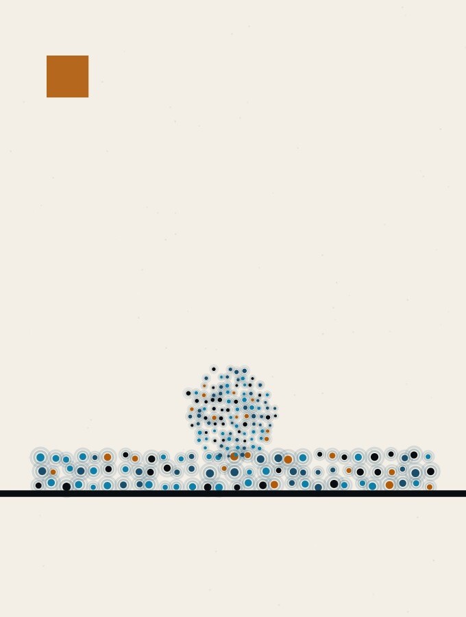 A pointillist illustration in a surreal style: a single sphere of dots standing on a wide low slab, with a clean empty horizon behind it and no other shapes nearby.