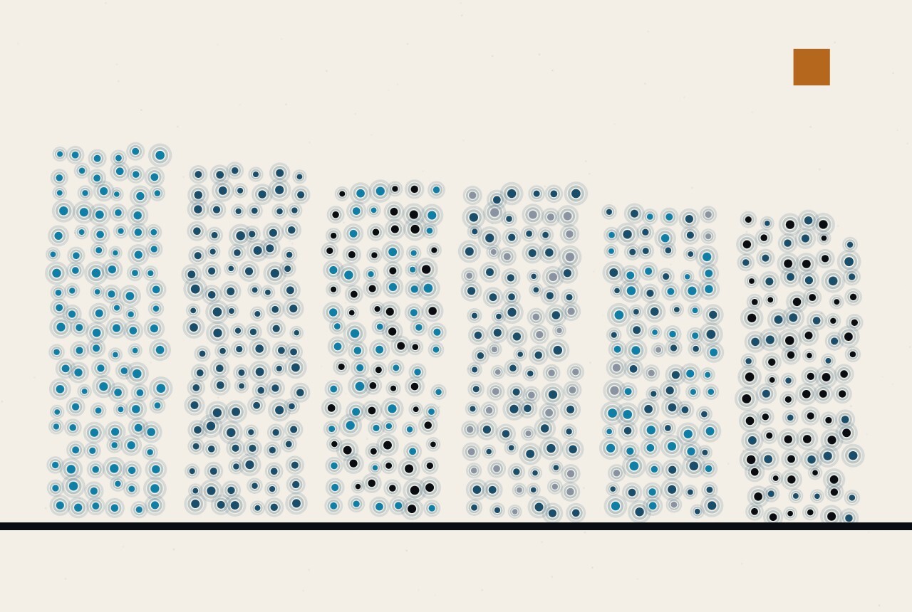 An abstract illustration in dots and straight lines: six columns of dots of almost equal height standing on one rule, each filled with a different mix of blue, dark and grey dots.