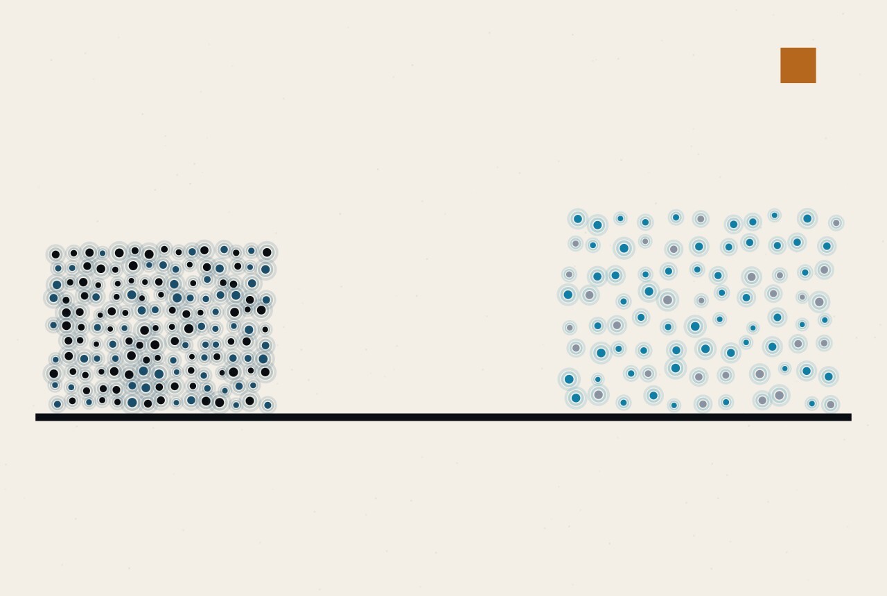 An abstract illustration in dots and straight lines: a single horizontal rule with a small dense block of dark dots at its left end and a looser, lighter block at its right end, and an amber square in the upper corner.