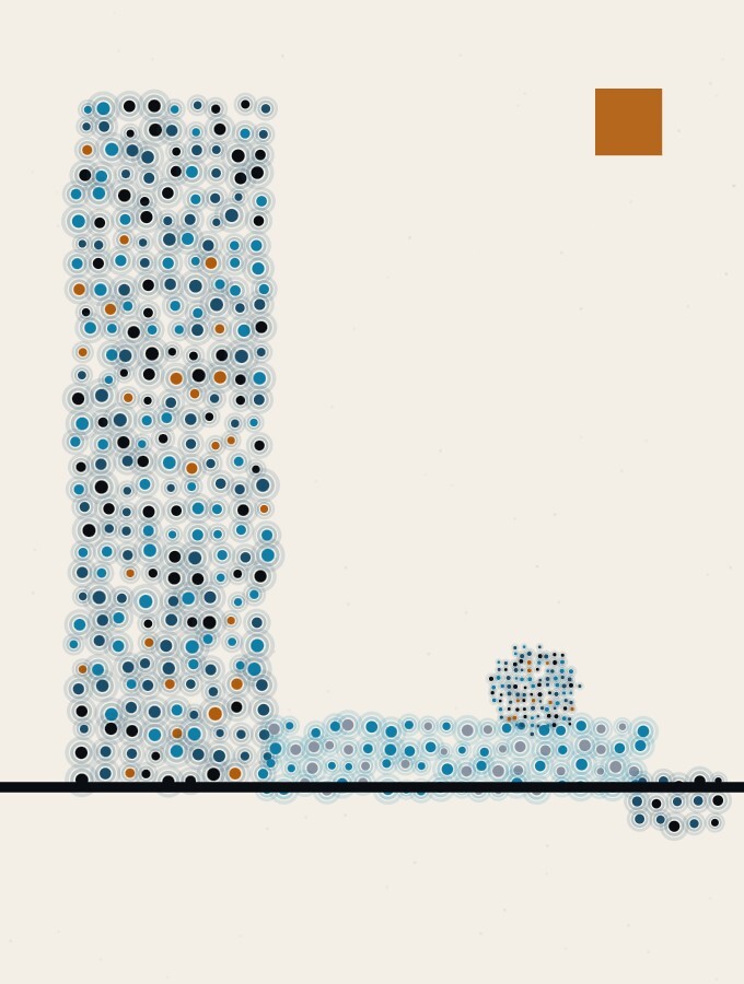 A pointillist illustration in a surreal style: a tall vertical slab of dots with a small sphere of dots resting on a thick, soft band at its foot, the sphere's shadow falling off the edge of the band.
