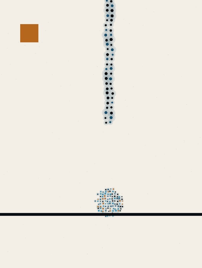 A pointillist illustration in a surreal style: a single thin vertical line of dots hanging from the top of the frame and ending in mid-air well above a horizon line, with a small sphere below it on the ground.