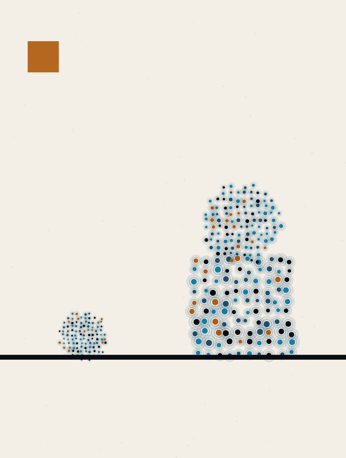A pointillist illustration in a surreal style: two spheres of dots on a horizon line, one small and dark low on the left, one larger and brighter higher up on a short column to the right.