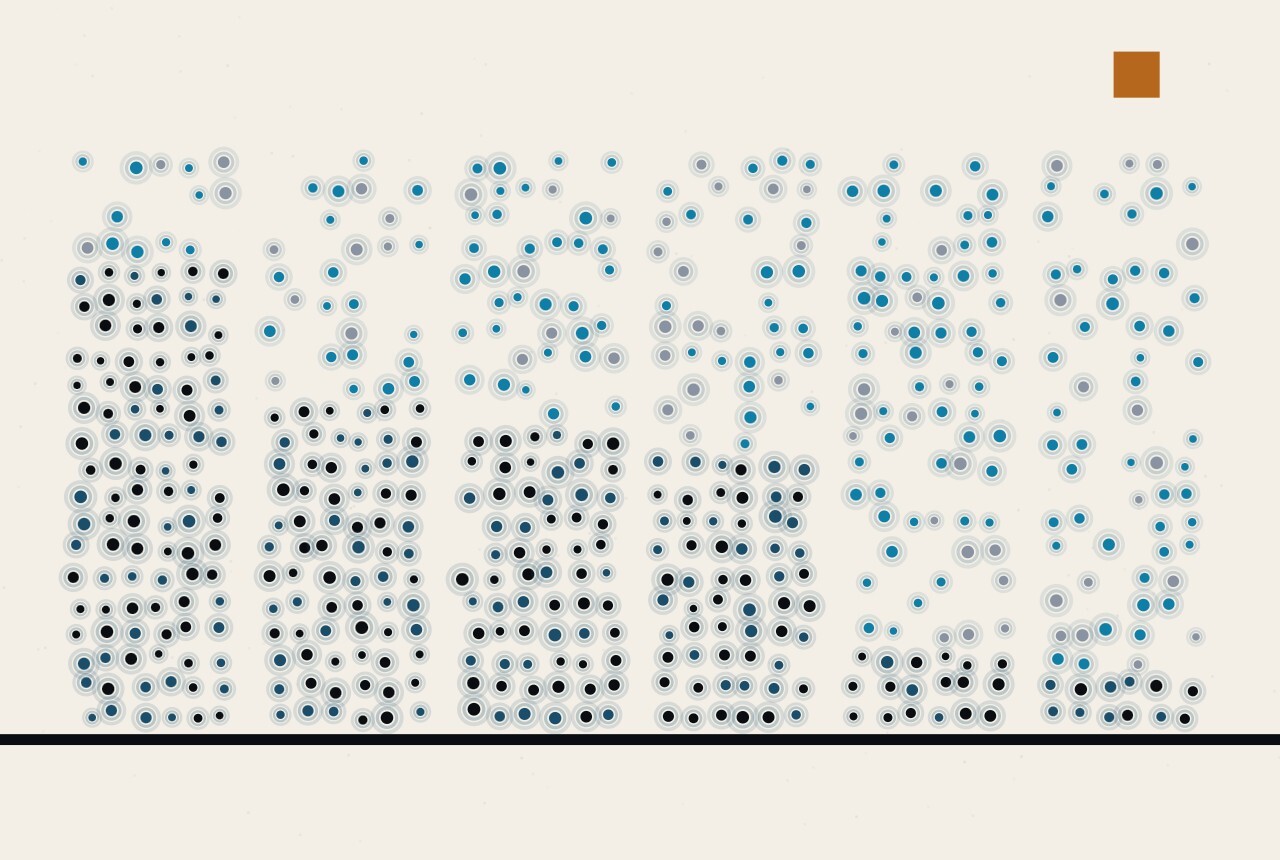 An abstract illustration in dots and straight lines: several columns of equal height standing on one rule, each with a dark lower section of different depth beneath a lighter upper section.
