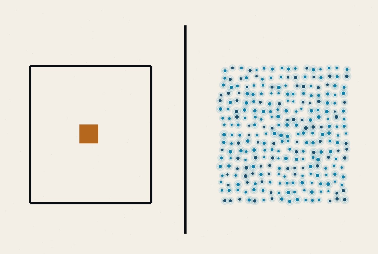 An abstract illustration in dots and straight lines: a block of dots on the left is removed, leaving an outline, while a new block of a different colour fills the space on the right of a thin rule.