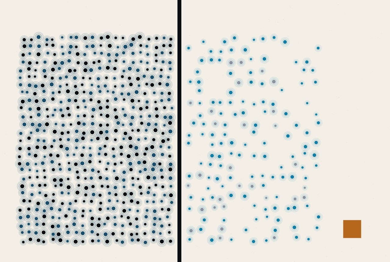 An abstract illustration in dots and straight lines: a dense field of dark dots stops abruptly at a vertical rule, and beyond it the field continues in pale blue, thinner, with an amber square in the far corner.