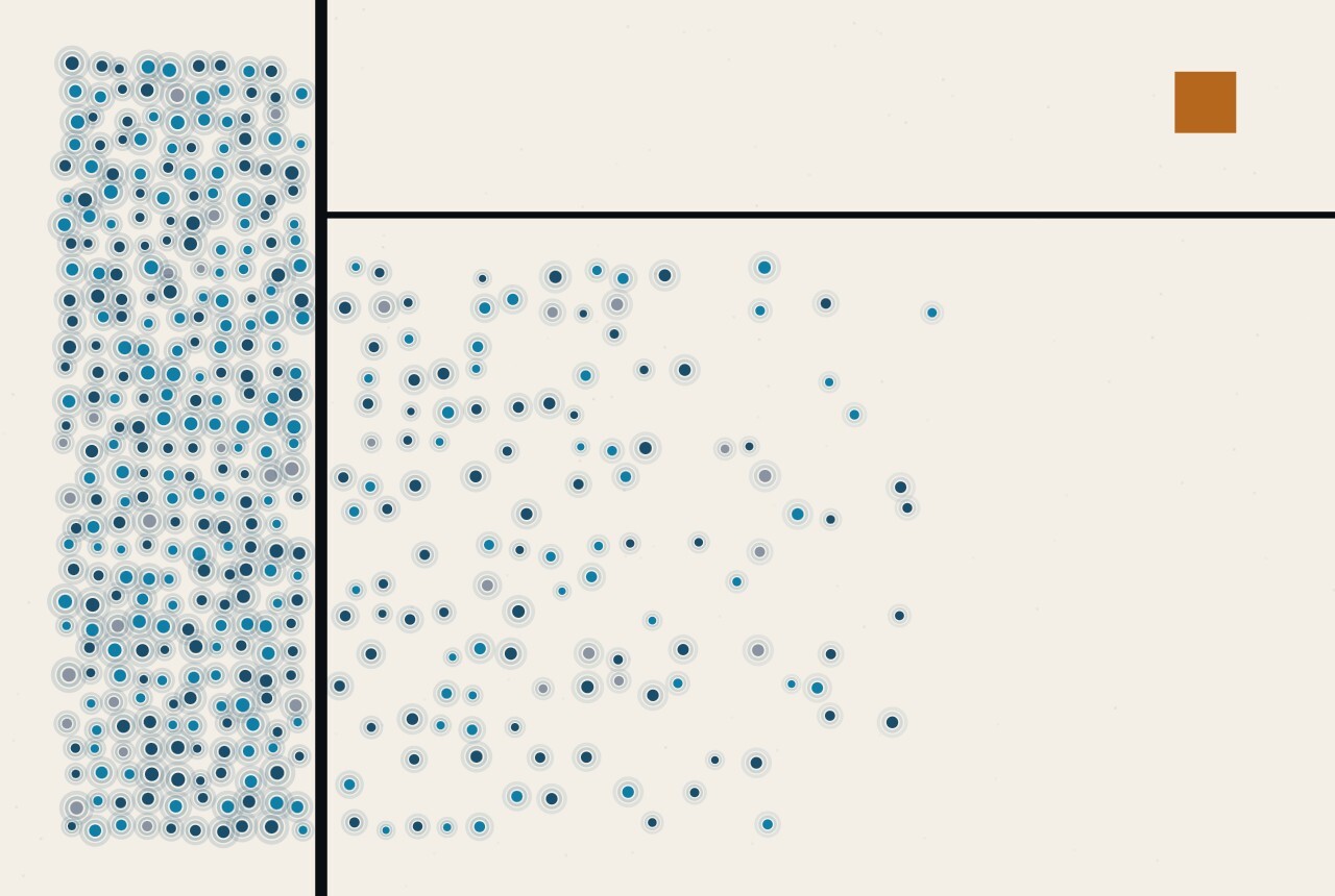An abstract illustration in dots and straight lines: a field of dots that is densest in a narrow vertical band near the left edge, with a small amber square placed in the open space to the right.